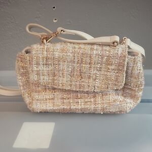 LC Lauren Conrad Tweed Crossbody Bag - Cream and Gold